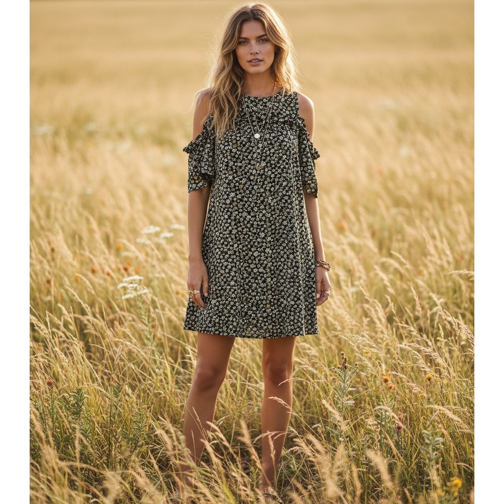 LC Lauren Conrad S Dress Black‎ Floral Ruffle Shift Swing Cottage Boho Coquette